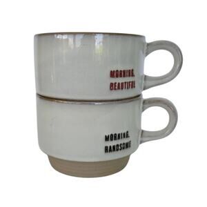 Heart & Hand Magnolia Stoneware Mug Set Handsome & Beautiful Cream Stripe 2pc